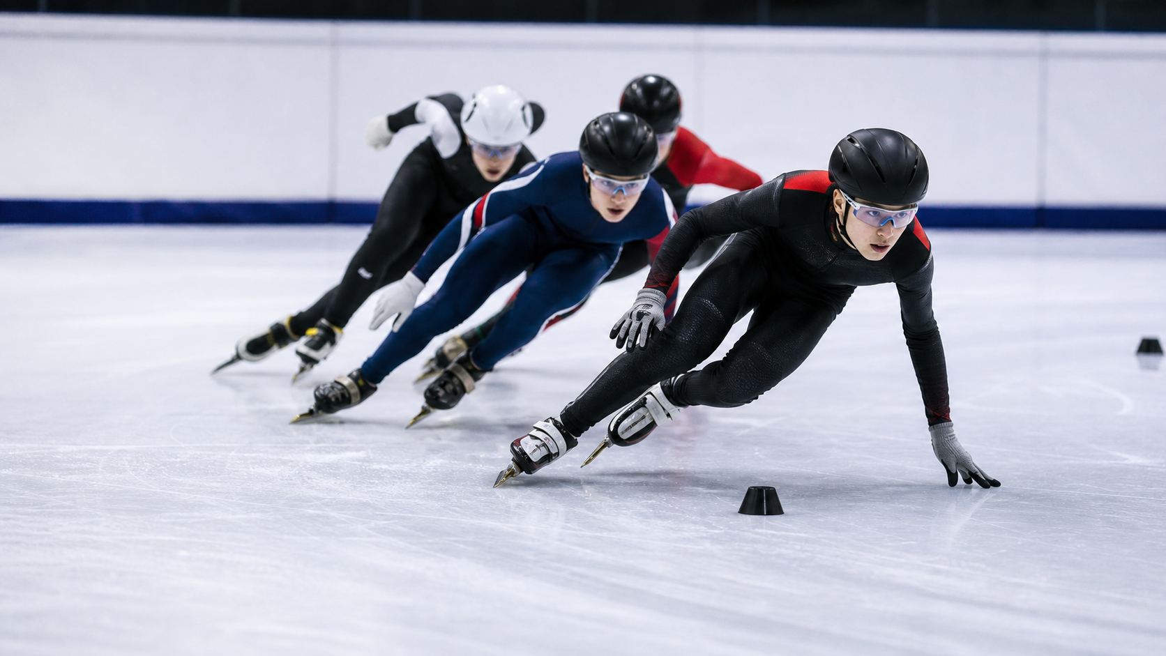 Short track speedskaters leaning through a turn on indoor ice